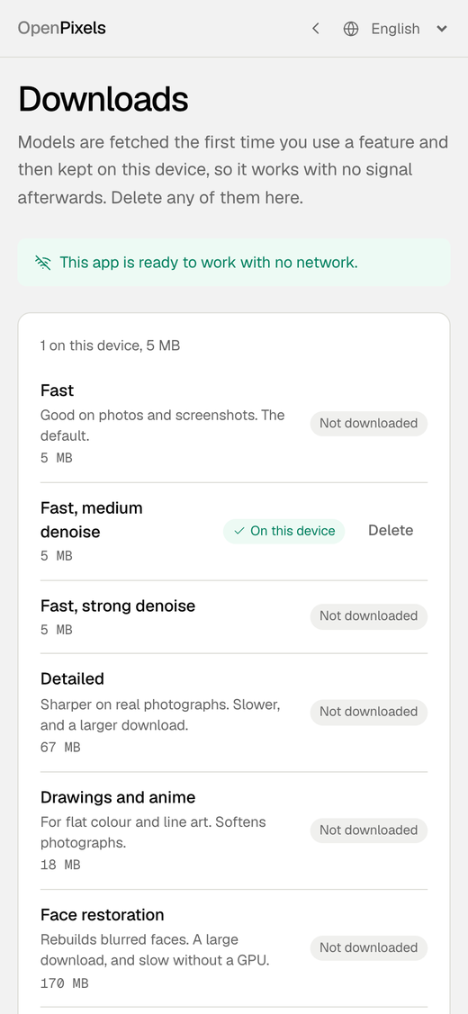 The OpenPixels Downloads page, listing each model stored on the device with its size and a way to delete it.